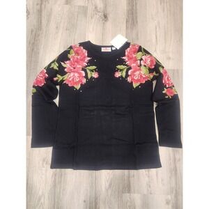 Quacker Factory Women's Top Plus Sz Small Winter Rose Garden Black A675837 NWT